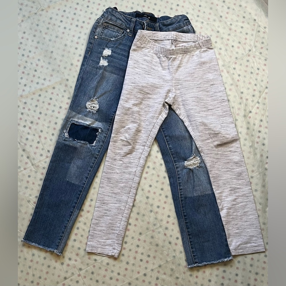 Joe's Jeans Sz8 Distressed Skinny Blue Denim and Cat & Jack gray leggings bundle
